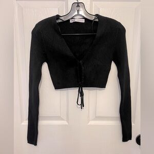 ZARA Women’s Black Ribbed Knit V-Neck Tie Front Long Sleeve Crop Top Size S